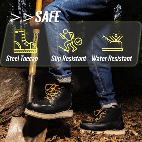 ROCKROOSTER Men's 6 Inch Black Steel Toe Leather Work Boots, Wedge Sole Safety Boots for Construction and Rough Work SAP2301-ST4