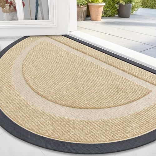 Image of OLANLY Half Circle Door Mat Indoor Outdoor Entrance Welcome, Waterproof All-Season, All-Weather Doormat, Sturdy Natural Rubber, Low Profile, Easy Clean Patio Porch Entryway Mat, 47x23, Beige