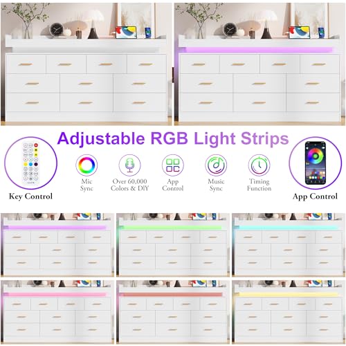 Image of Hlivelood 10 Drawer Dresser with LED Lights & Charging Station, Wide Wooden Chest of Drawers for Bedroom, Storage Organizer Cabinet, Modern TV Stand Dresser for Closet, Living Room, Hallway, White