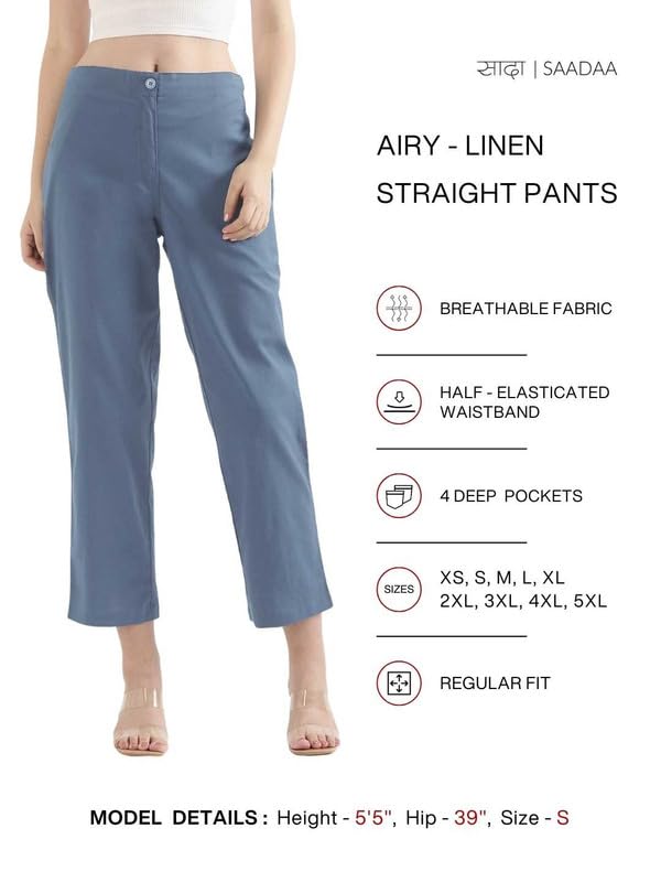 Image of SAADAA Women's Airy Linen Straight Pants | Regular Fit Trousers | Half Elasticated with Drawstrings & Buttons | 4 Pockets | Everyday & Office Wear