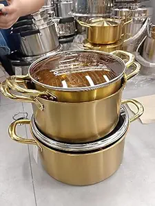 Arkit (3 pcs Combo Set) Brass Boiling Pot with Lid/Hot Pot Pan/Casserole Set with Lid Biryani Pot-Pan Combo Set Egg Soup Cooking Golden Kitchen Cookware Instant Noodles Pot Kitchen Food Storage Pot