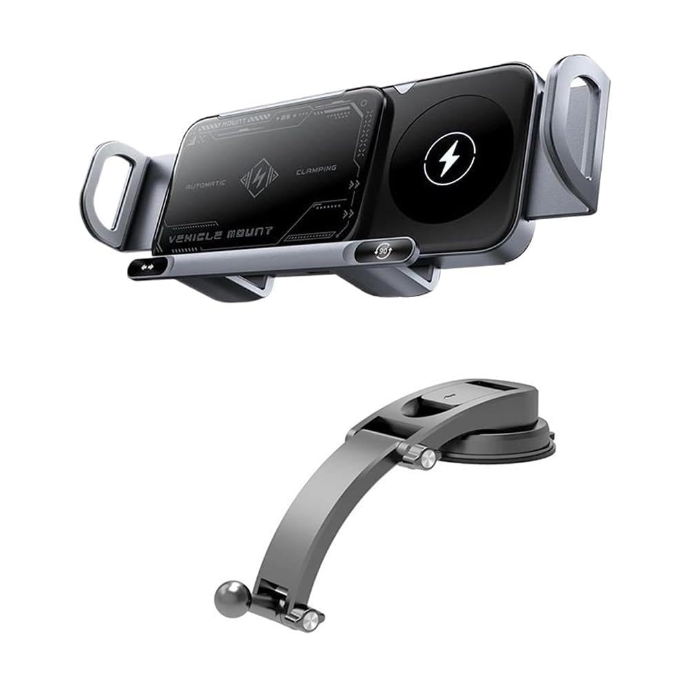 Caricatore Wireless Auto per Hyundai i20 2021 2022, Supporto Telefoni Cellulari E Tablet, Ricarica Rapida 15W, Rotazione 90°, Serraggio Automatico,Grey-Waterfall Suction Cup
