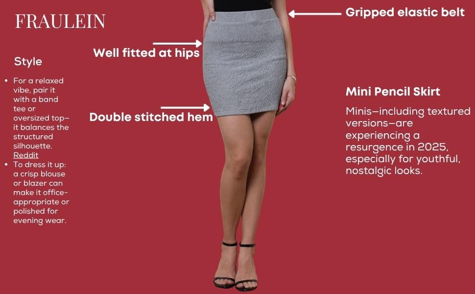 Image of FRAULEIN Women's Textured Mini Pencil Skirt Elastic Waist Casual Wear Short Length Thick Sleek Shaping Stylish Trendy Y2K Fashion Figure-Flattering fit