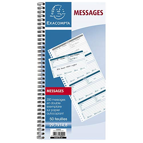 Exacompta - Réf. 13292E - 1 carnet spiralé messages téléphones (4 à la page) - carnet de 200 messages détachables pré-imprimés et autocopiants - 50 feuilles dupli - format 297 x 148 mm - certifié FSC