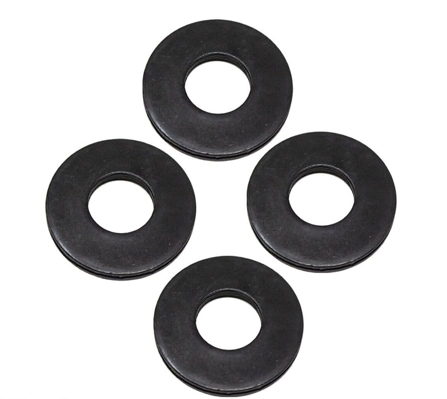 Four black spring washers, each with a circular outer edge and a smaller circular hole in the center, arranged in a square pattern on a white background.