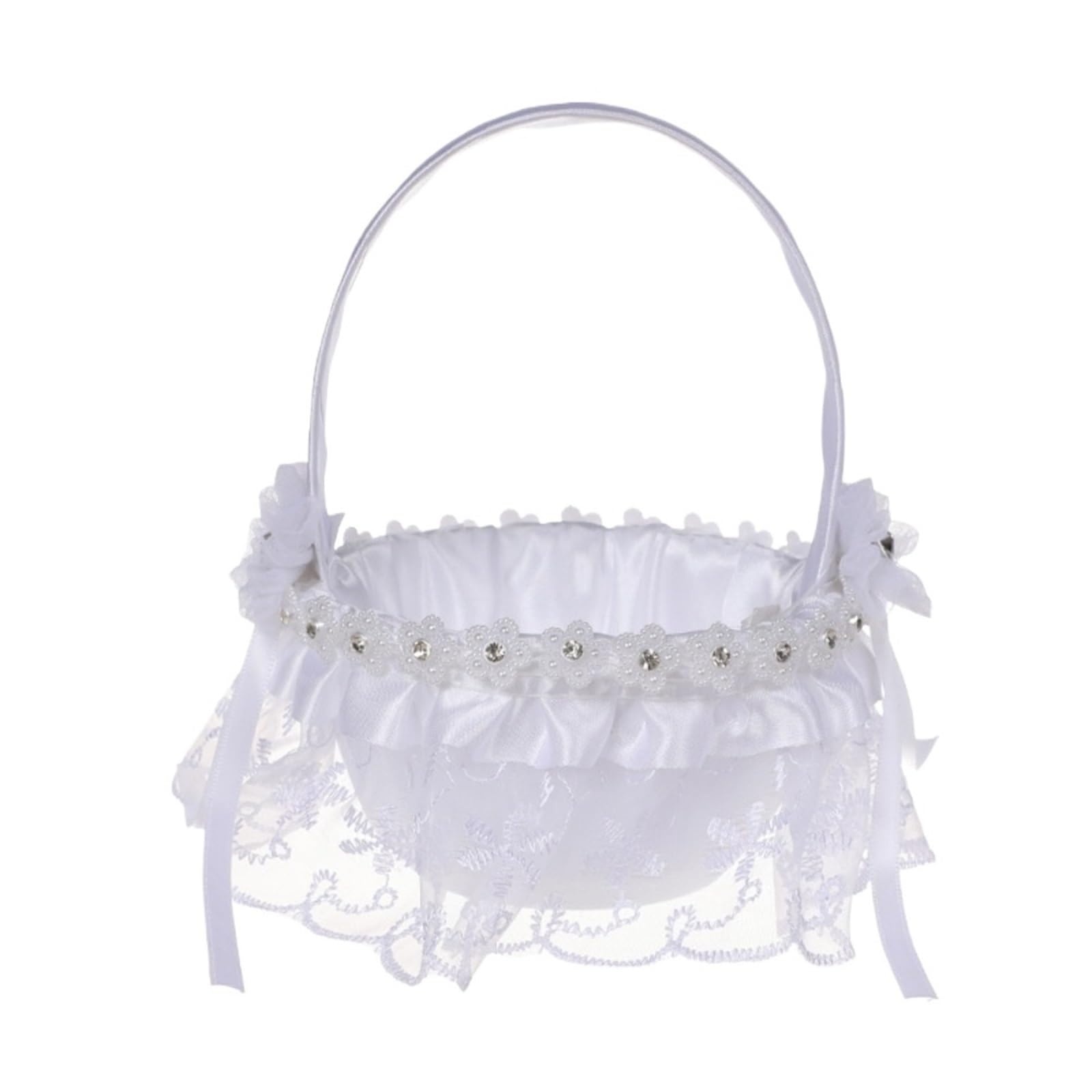 Flower Girl Bow Basket Satin Lace Beaded Feather