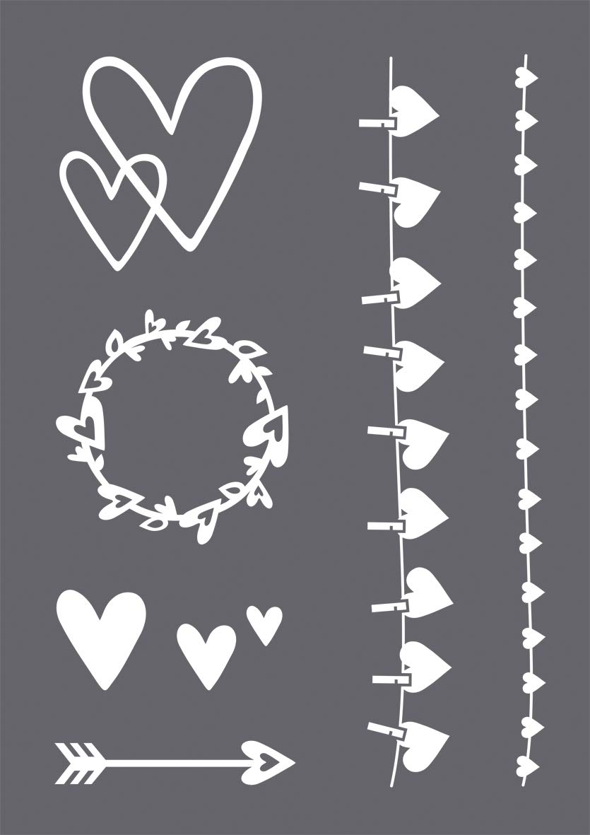 Rayher 45128000 Set of Mask Stencil and Craft Squeegee for Crafts and Painting, Reusable Silk Screen Template with Different Heart Designs for Wedding and Birth Announcement Cards, 21x29.7cm