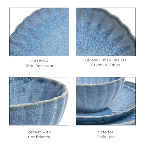 Image of 12 Pieces Stoneware Dinnerware Set, Microwave and Dishwasher Safe, for 4 | Scallop Frill Design, Chip Resistant, Ceramic, Includes Plates and Bowls