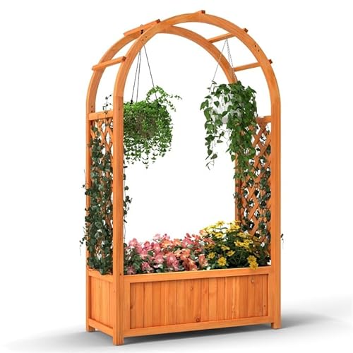 COSTWAY Jardinera Elevada con Enrejado, Techo Curvado, Cama Elevada de Jardín con Orificios de Drenaje para Plantas Trepadoras, Huerto Urbano Vertical para Exterior Patio Terraza, 83 x 36 x 146 cm