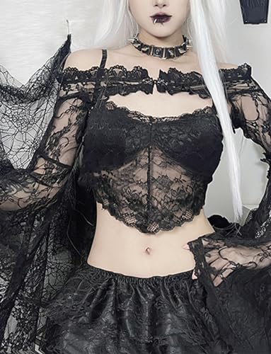 Women's Goth Shrug Black Gothic Crop Top Floral Lace Shrug Blouse See Through Sheer Shawl Cardigan Top3
