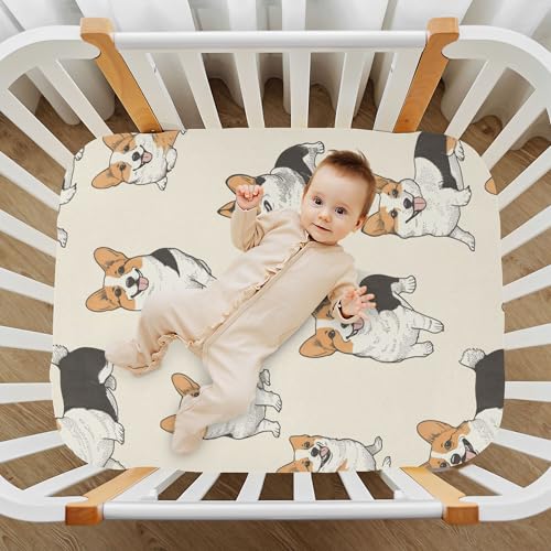 Image of Cute Corgis Dogs Crib Sheets Soft Breathable Fitted Baby Crib Sheets Mattress Cover for Girls Boys, 52 inch x 28 inch x 9 inch
