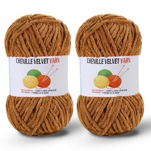 Image of 2 * 100g /3.5oz Fluffy Chenille Yarn for Crocheting, Chunky Velvet Yarn for Crochet Amigurumi, Used for Making Baby Yarns Blanket, Clothes, Pattern Knitting Creations (Coffee)