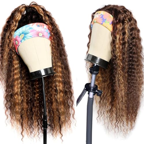 Image of Punmasa Headband Wig Human Hair Deep Wave 4 /27 Human Hair Headband wigs for women Glueless None Lace Front Wig Machine Made 150% Density headband wig human hair with Headbands (18Inch)