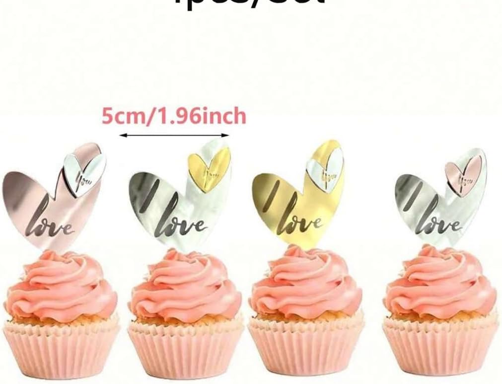4Pcs Non Edible Cupcake Toppers Gold Silver Rose Heart-shaped Acrylic Cake Topper Decorations for Valentine's Day Wedding Birthday Parties