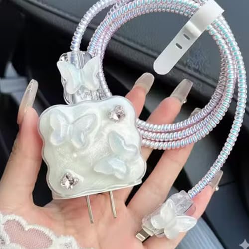 Image of Cable Protector with 3D Cute Pattern for iPhone Charger only 18W & 20W, Data Charging Cable Wire Saver Protective Cable Cover Full Protection Cable Sleeve (White Butterfly)