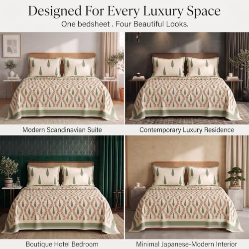 Image of BSB HOME 240 TC Cotton Feel Double Bedsheet with 2 Pillow Covers, Premium Soft Breathable Bed Sheet Set, Fade Resistant, All-Season, Easy Care, 90 x 100 Inches (228 x 254 cm) - Ivory & Olive Green