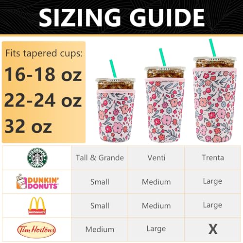 Image of YR Reusable Neoprene Insulator Sleeve for Iced Coffee Cups, 3 Pack Coffee Coolies sleeves for Iced & Hot Drinks, Cold Beverage Cooler Compatible with Starbucks Coffee and More (Pink Floral Garden)