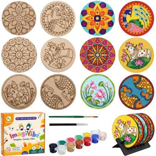 Image of ImagiVibe 3-in-1 Premium Coaster Painting Kit for Kids & Adults | DIY Mandala, Madhubani & Pichwai Art | 6 Pre-Marked Wooden 4 Inch MDF Coasters with Stand | Creative Art & Craft Activity | Gift