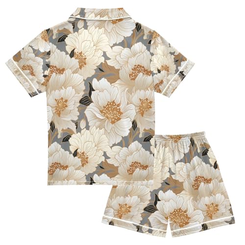 senya Flower Beige Satin Summer Pajama Sets Silk Short Sleeve Button Down Sleepwear2