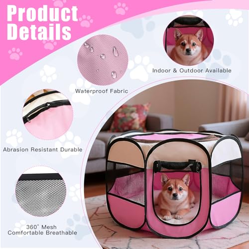 Welpenauslauf Faltbare Hundebox für Zuhause Welpenlaufstall Tragbarer Haustier Hundezaun, Wasserdichtes Oxford-Tuch Laufstall Hund, Katzenkäfig Hundekäfig für Katzen Hunde Kaninchen (Rosa/Beige, S, 8)