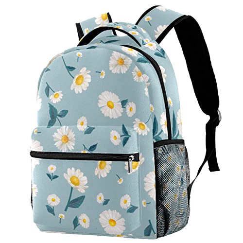 Sac à dos de voyage bleu clair à marguerites avec porte-bouteille pour campus et loisirs