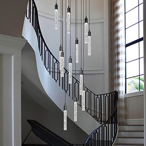 Image of 12-Light Modern Living Room Chandelier Black Crystal Ceiling Pendant Lights LED Dimmable 72W 6000K Staircase Large Chandeliers for Entryway Lobby Foyer High Ceiling Chandeliers