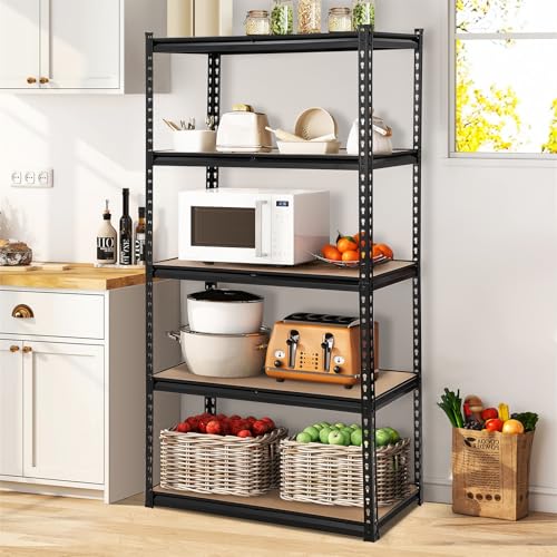 GarveeHome Garage Storage Shelves, 5-Tier Utility Shelves, Adjustable Storage Shelves, Industrial Shelving, Load 3860 Lbs Heavy Duty Storage Shelves for Garage Kitchen Basement Laundry Pantry,Black