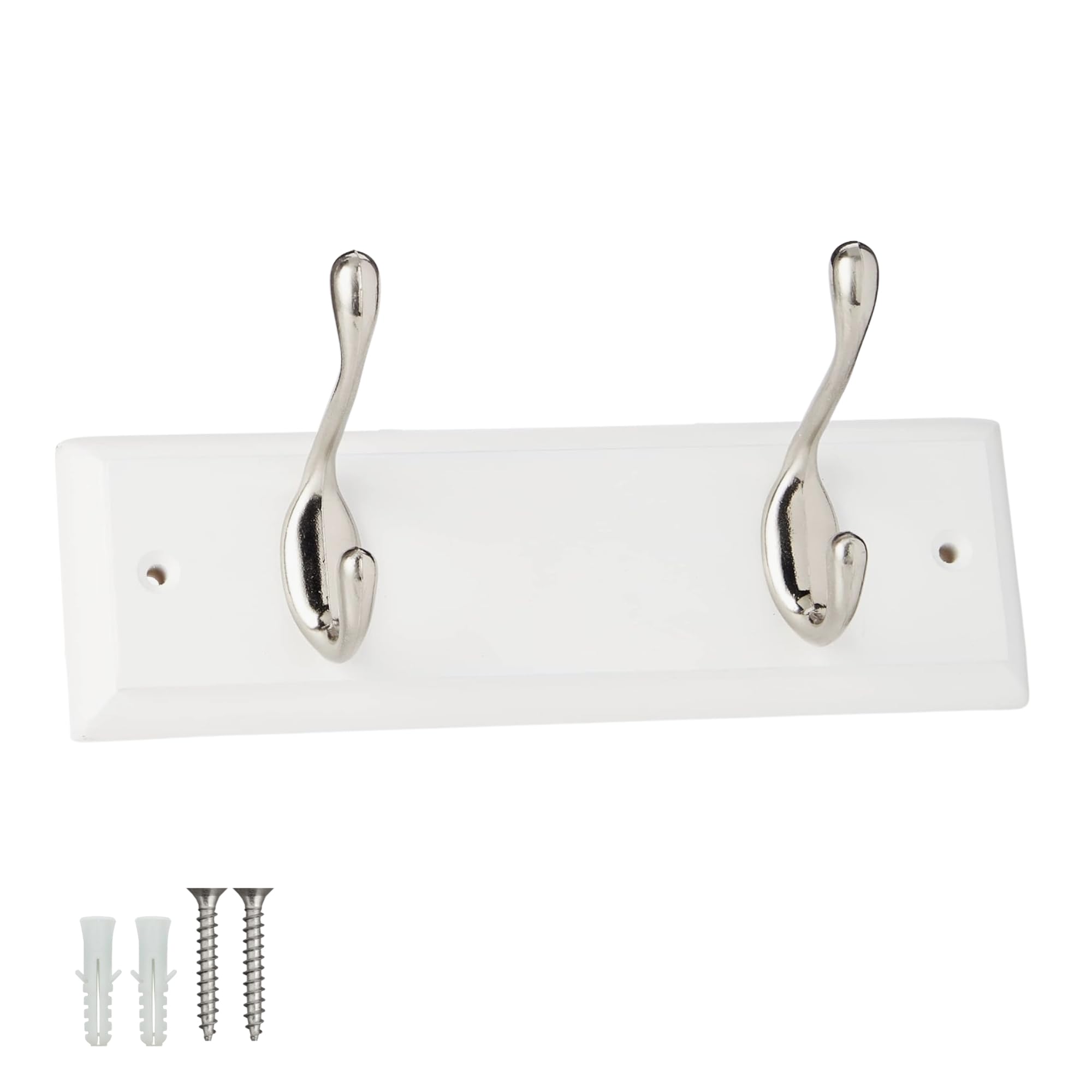 Keypak 2 Hook White Wooden Wall Mounted Coat Rack with 2 Satin Nickel Coat Hooks - Heavy Duty Wooden Board for Coats, Hats, Bags, Tools Space Saving Wall Storage Organiser