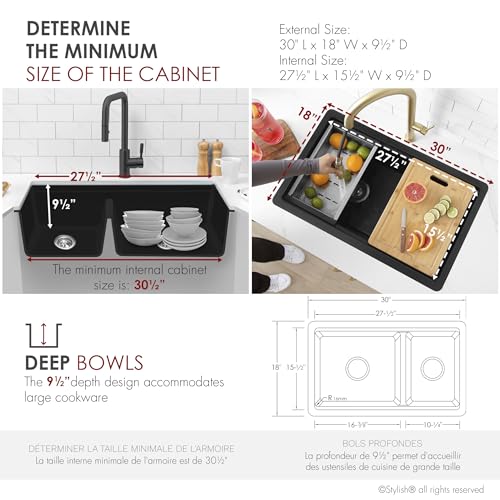 Image of Stylish 30 x 18 Inch Composite Granite Workstation Kitchen Sink, 60 /40 Double Bowl Under Mount & Drop in, 9.5 in Deep, Reversible, with Cutting Board, Colander, Colander & Strainer, Black, S-831WN