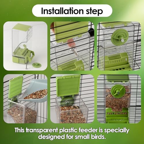 Image of Bird Feeder No Mess 2PCS Automatic Clear Bird Seed Food Container Acrylic Parrot Feeder Dispenser Cage Accessories for Parakeet Budgies Cockatoo Canary Love Bird (Green)