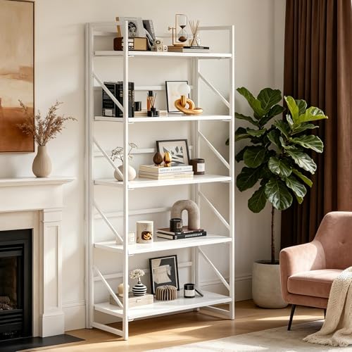 Image of JSB No Assembly Folding Bookshelf, 5 Tier Industrial Metal Book Shelf for Storage, Vintage Wood Foldable Bookcase for Living Room, Bedroom, Office Organization Shelves