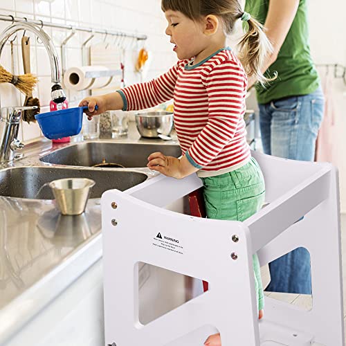 YOLEO 3 in1 Lernturm Kinder, Klappbar Montessori Lernturm ab 1,5 Jahr, Learning Tower für Kinder mit Rausfallschutz, mit doppelseitiger magnetischer Tafel, Küchen-/Badezimmerhelfer (Weiß)