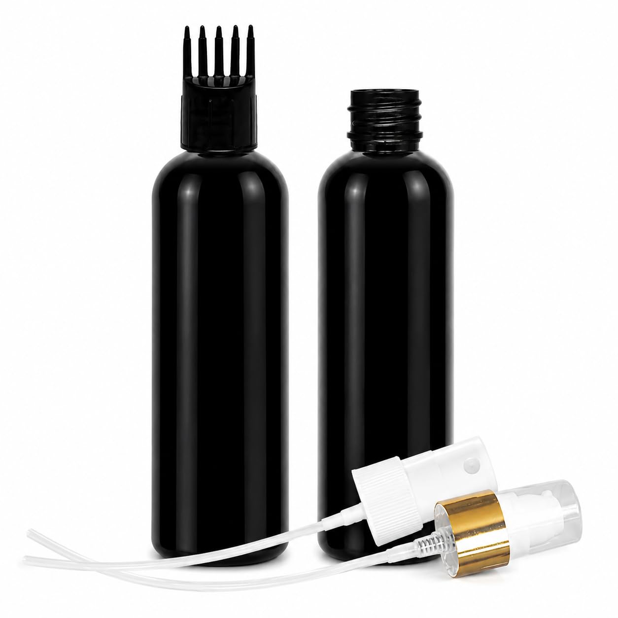 MAPPERZ 2 Cylindrical Shape Bottle Durable Refillable Containers With 1 Pump Bottles Dispenser, 1 Spray Atomizer And Root Comb Applicator, Perfume, Liquids, Shampoo, Body Soap, Lotion, Cream,Black-picture-17