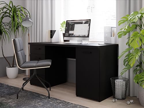 Forte Escritorio NET106 Negro con 1 Puerta y 4 cajones, Material de Madera, Negro, 145 cm de Ancho, 76,3 cm de Alto y 60 cm de Profundidad