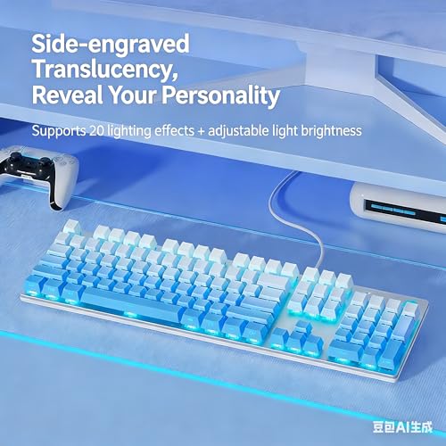 Image of HP GK400F Wired Mechanical Keyboard for Office and Gaming Use, Wired USB Mechanical Keyboard, Silver + Glacier Blue, 104 Keys, Brown Switches, Glacier Blue Backlighting, Side Printed Keyboard, 26PN