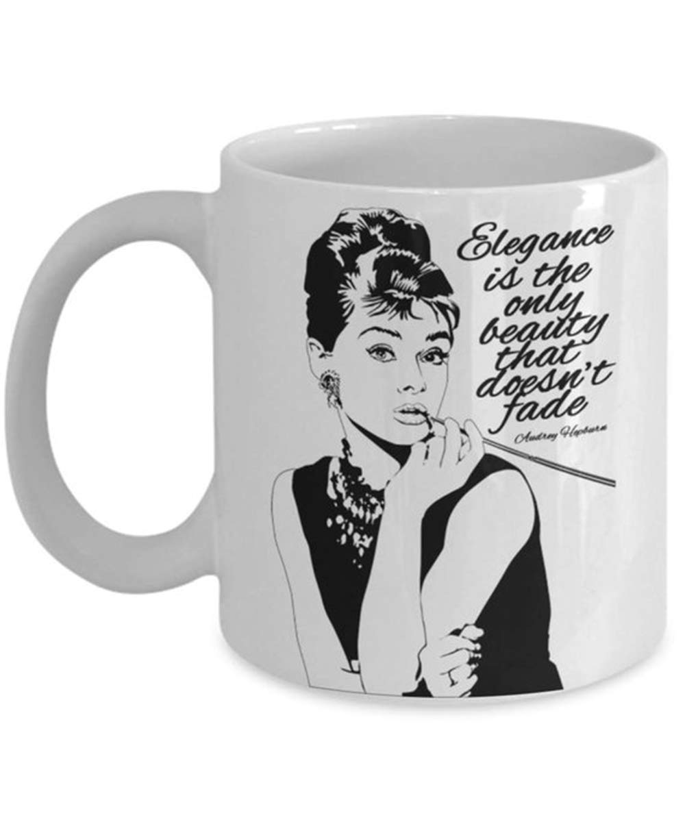 AliceHitMood - Audrey Hepburn Mug, Elegance is the Only Beauty that Doesn't Fade Quote Mug, 11oz Ceramic Coffee Mug/Cup, Gift Wrap Available