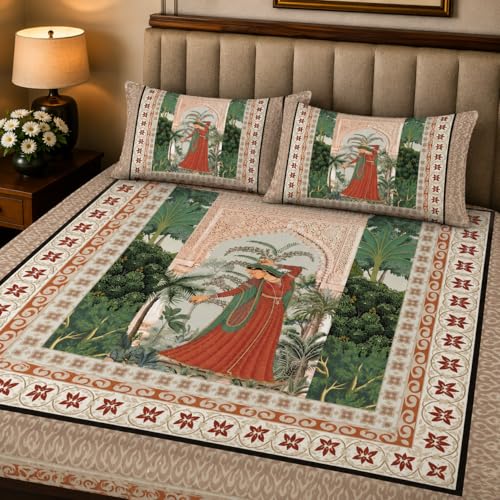 Image of 7D Digital Printed King Size Bedsheet with 2 Pillow Covers | Soft Premium Cotton Feel Microfiber Double Bed Bedsheet|Breathable,Wrinkle Free & Fade Resistant|(GreenEthnic, KingSize-225x250CM)