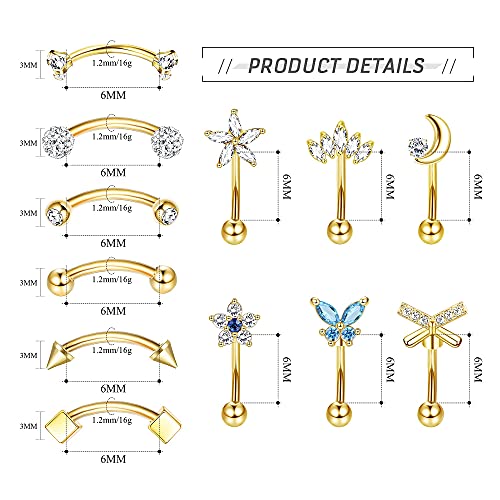 JOERICA 12Pcs 16G Rook Daith Earrings for Women Stainless Steel Eyebrow Piercing Jewelry Curved Barbell Short Belly Lip Rings 6mm 8mm3