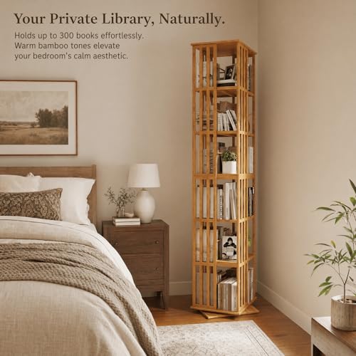 Image of Lauxery 6-Tier 360 Bamboo Rotating Bookshelf, Natural, 74.8 in | Easy Assembly, Ample Storage,1200 lbs capacity, Compact Footprint, Freestanding, dual shelf heights, for living room