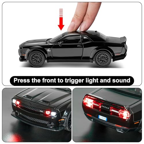 Image of 1 /24 Dodge Challenger Hellcat Model Car, Zinc Alloy Pull Back Toy car with Sound and Light for Kids Boy Girl Gift (Black)