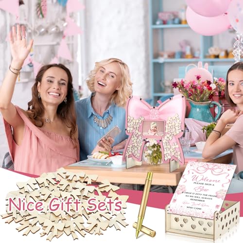 Image of Wenqik 63 Pcs Coquette Pink Bow Baby Shower Guest Book Alternatives Set Baby Shower Decorations with Photo Frame Sonogram Frame Keepsake 60 Wood Slices Guest Book for Birthday