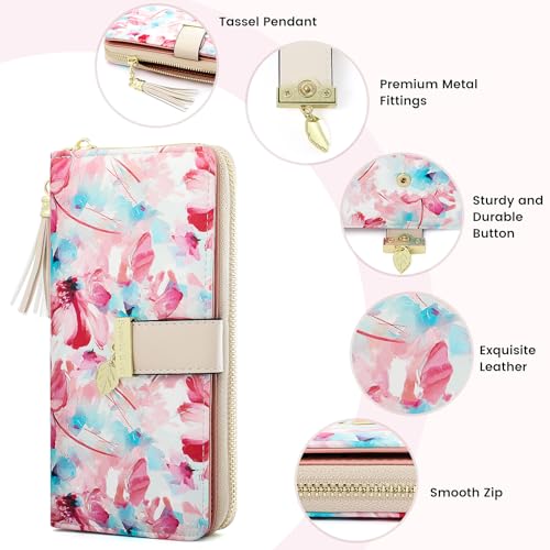 Image of Pomelo Best Womens Wallet RFID Blocking Wallet for Women Bifold Large Capacity Card Holder Ladies Long Purse with ID Window Zipper Coin Pocket Red Lotus