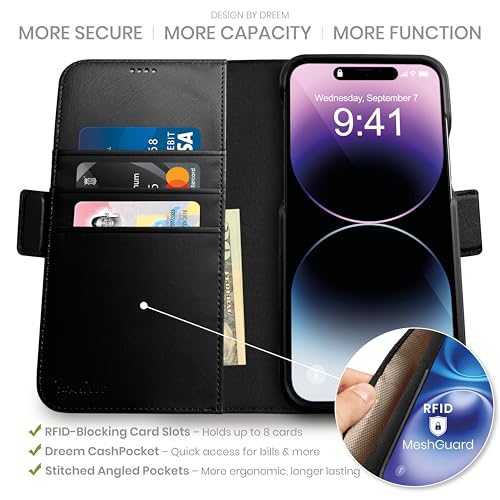 Image of dreem Fibonacci Compatible with iPhone 14 Pro Max Wallet case / 2-in-1 Shockproof case and Detachable Vegan Leather Folio, MagSafe Compatible, RFID Protection [Black]
