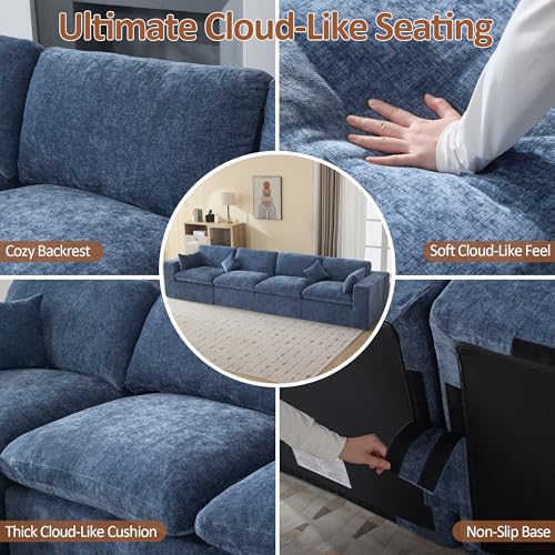 Image of 146''Cloud Boneless Sectional Couch, Modular Sectional Sofa Deep Seat, Oversized Upholstered Convertible Comfy 4 Seater Chenille Memory Foam Sofa Couches for Living Room, Blue