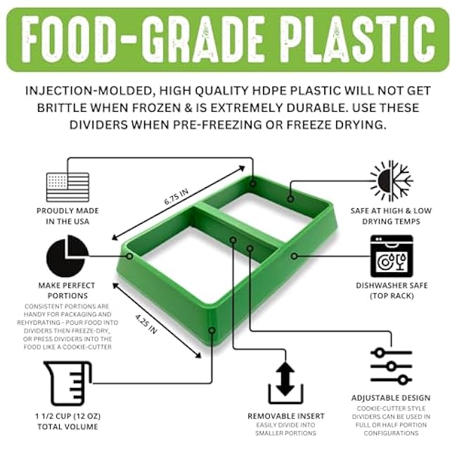 Tray Dividers for Medium Harvest Right Freeze Dryer Trays (Set of 4 Dividers - Fits 1 Medium Tray, Green), Freeze Dryer Accessories, Adjustable Portions