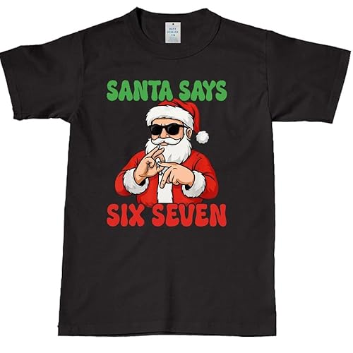 BESTITALIANUK Funny Santa Says Six Seven Christmas 67 Meme Xmas Boys Girls T-Shirt Black