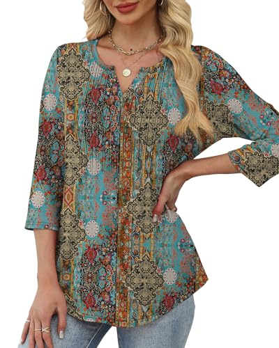 XIEERDUO Womens 3/4 Sleeve Tops 2025 V-Neck Casual Pleated Shirts Blouses Beach Vacation Fall Fashion Clothes Outfits3