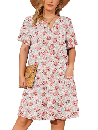 AusLook Plus Size Midi Dress for Women V Neck Short Sleeve Summer Casual Loose Fit Vacation 2X Sundress with Pockets