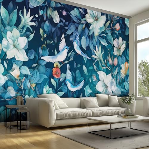 Papier peint bleu blanc fleurs oiseaux intissé mural chambre - 6