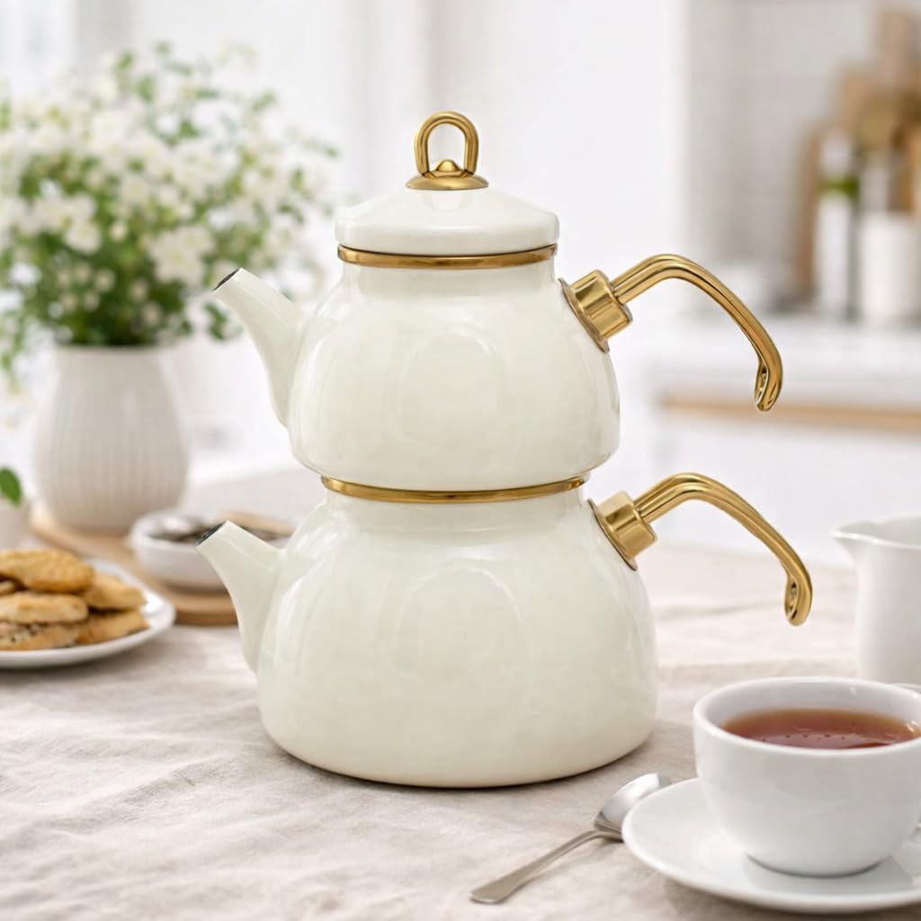 Théière Turque Mini 0,5 L avec Bouilloire 1,1 L en Acier Émaillé beige – Design Rétro – Compatible Induction – Idéale pour l'Infusion du Thé – LPP GRANDEUR 10